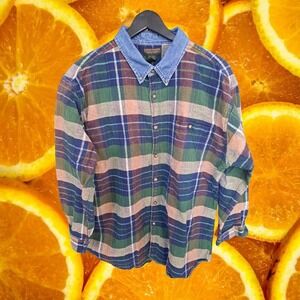 New‎ River Plaid Flannel with Denim Collar Button Up Shirt Size XL